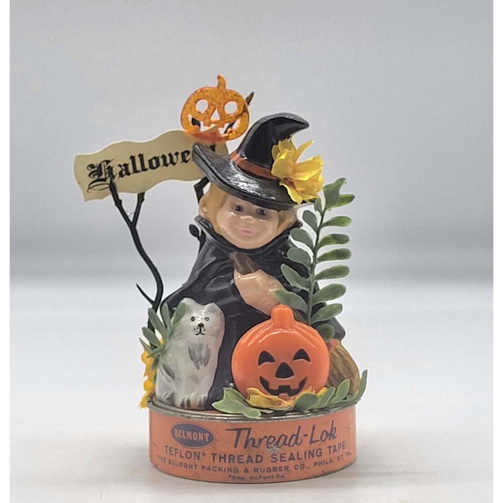 Vintage Halloween Assemblage Art Witch Dog Belmont Thread-Lok Tin 5.5" Tall OOAK